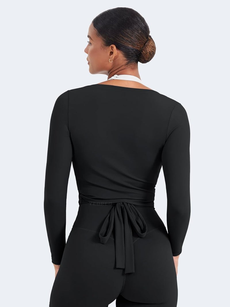 YEOREO Women Pilates Wrap Top Long Sleeve Tie Ballet Workout Yoga Shirt Michelie Y2K V Neck Cropped Tops - Image 4